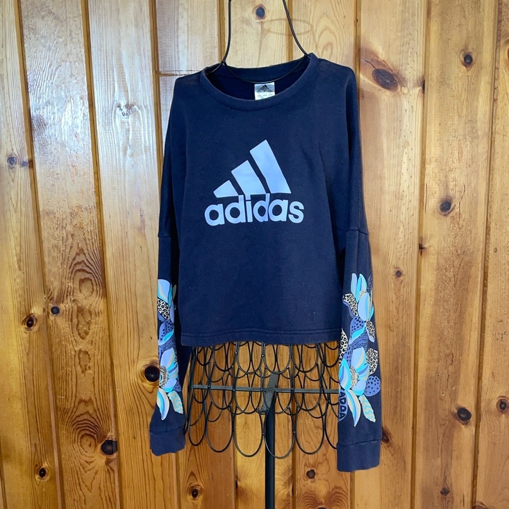 Adidas X Farm Rio Cropped Floral Fleece Logo Sweatshirt Loose Size medium Navy - Picture 6 of 10
